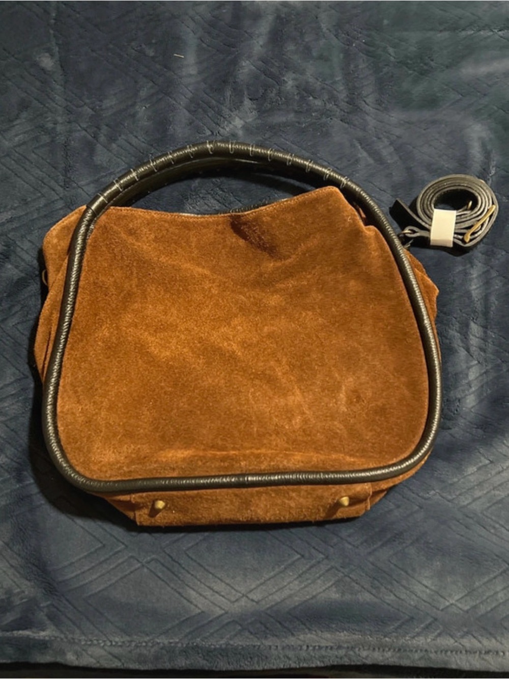 Brown Suede Shoulder Bag with Black Trim